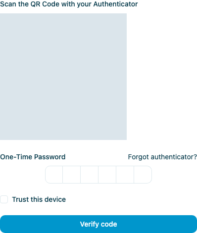 MYCURE authenticator setup form: obscured QR code, six-digit One-Time Password input, Trust this device checkbox, and Verify code button.